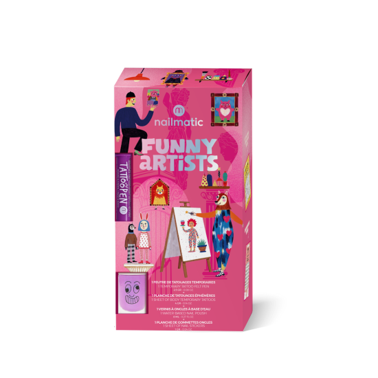 FUNNY ARTIST CHRISTMAS SET 2025 (marshi water-based nail polish + magicnails nailstickers + purple tattoo pen + animals temporary tattoos)