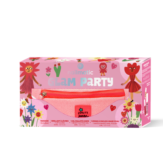 COFFRET GLAM PARTY NOEL25 (glitter bumbag + strawberry lipgloss + water-based nail polish - flamingo + rasperry glitter body gel)