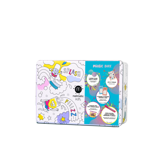 MAGIC BOX 1 CHRISTMAS SET 2025 (2 half bath fizzer blue and purple + pink bath & shower dough + pink tattoo pen + monster & city world temporary tattoos + 7 families game)