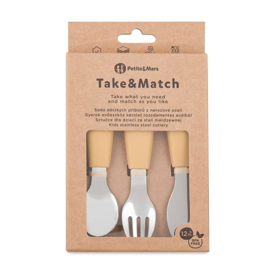 PETITE e MARS Stainless steel cutlery set with silicone handle Take e Match Intense Ochre 12m+