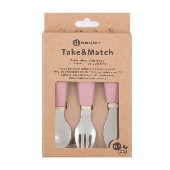 PETITE e MARS Stainless steel cutlery set with silicone handle Take e Match Dusty Rose 12m+